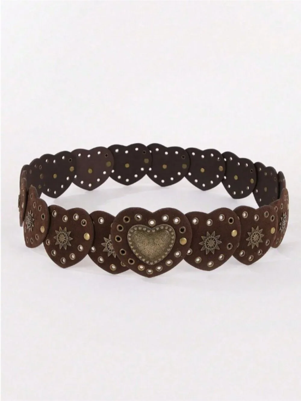 Brown Boho Heart Chain Hip Belt | Faux Suede Grommet & Studded Waist Belt |